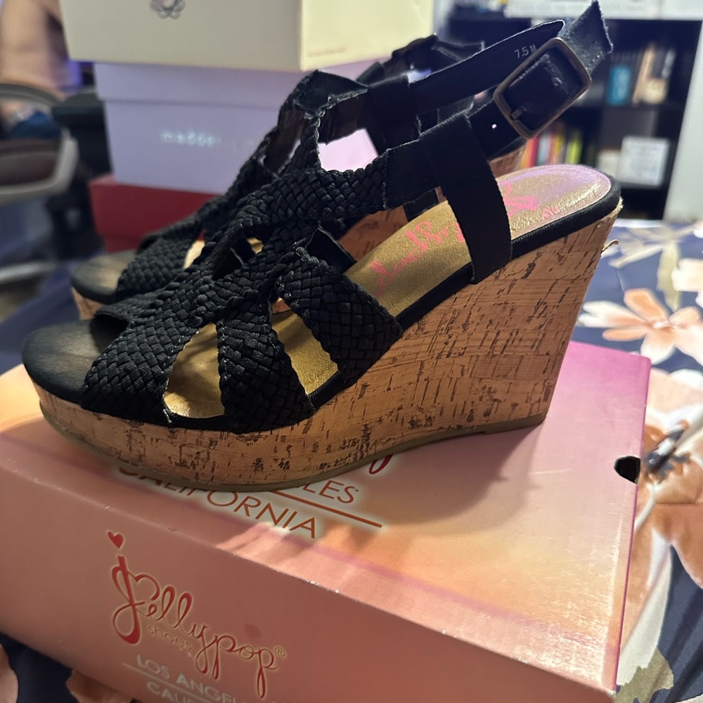 Jellypop Black Woven Wedge Sandals